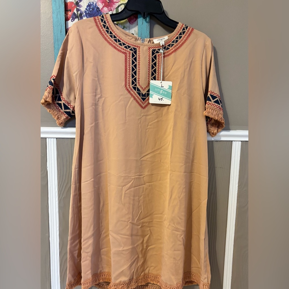 Umgee Tan Embroidered Mini Dress